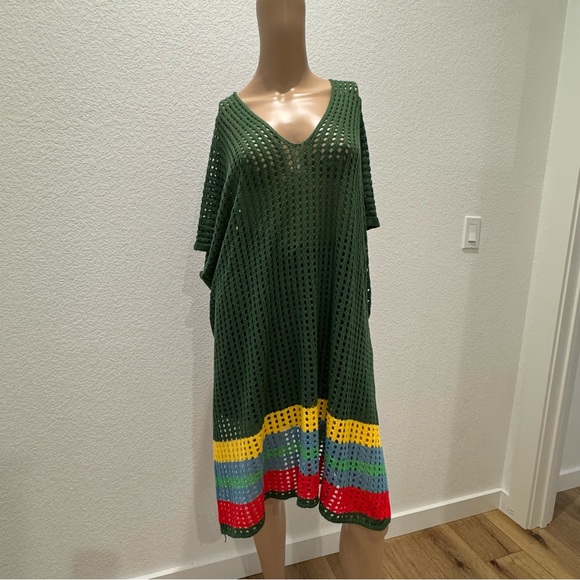 Crochet Knit Sweater Dress Tunic Green Multicolor Stripes 2XL – Fall Layering - Picture 7 of 9